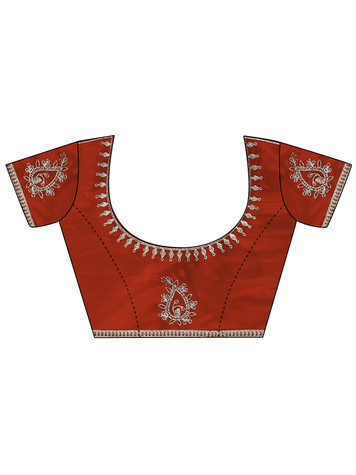 Libas Rust Orange Ethnic Embroidered Satin Saree with Scalloped Border