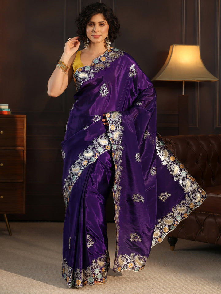 Libas Imperial Purple Embroidered Satin Saree with Paisley Border