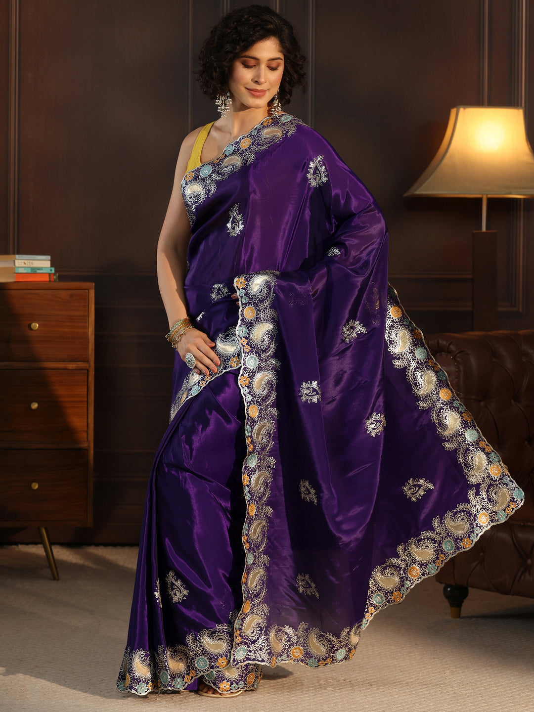 Libas Imperial Purple Embroidered Satin Saree with Paisley Border