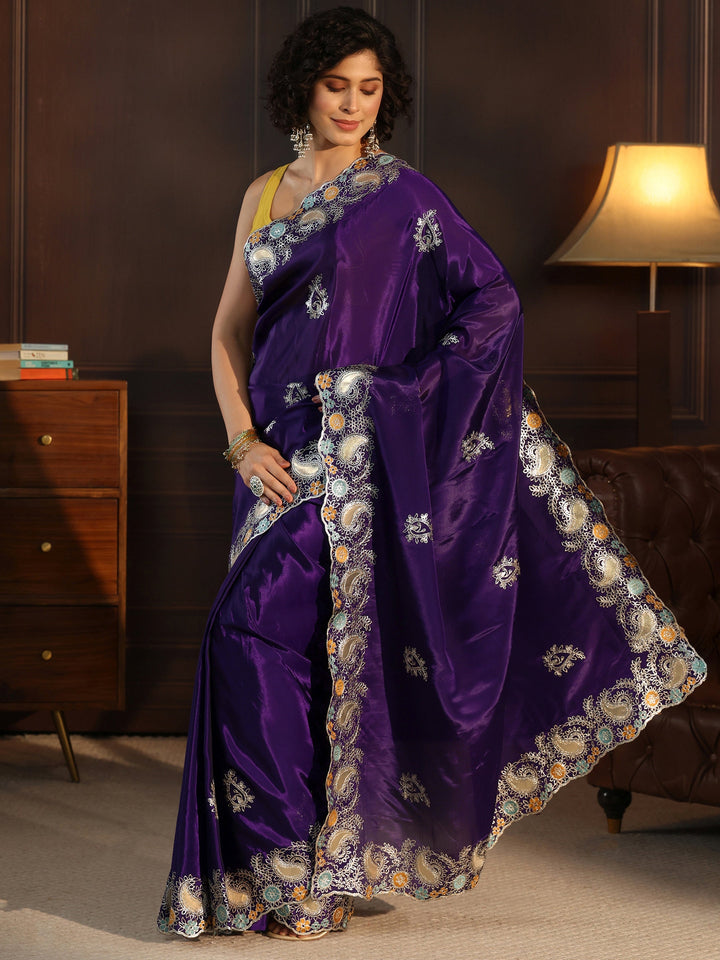 Libas Imperial Purple Embroidered Satin Saree with Paisley Border