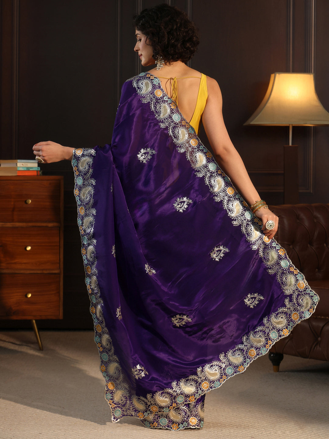 Libas Imperial Purple Embroidered Satin Saree with Paisley Border
