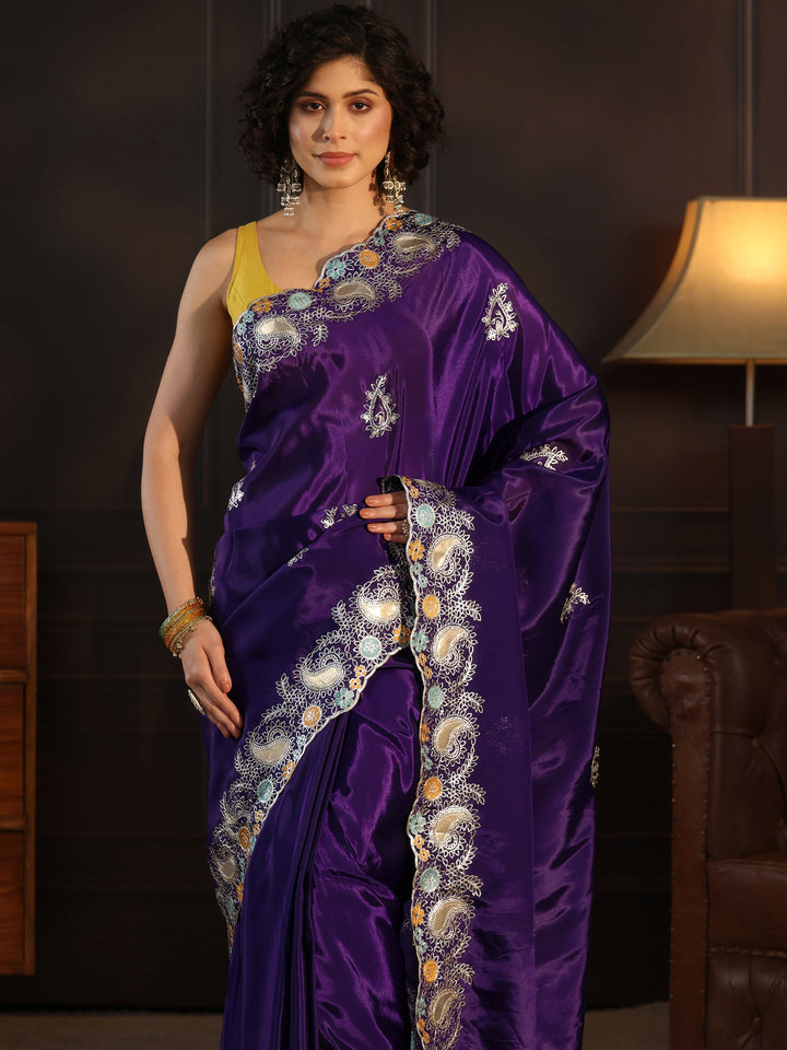 Libas Imperial Purple Embroidered Satin Saree with Paisley Border