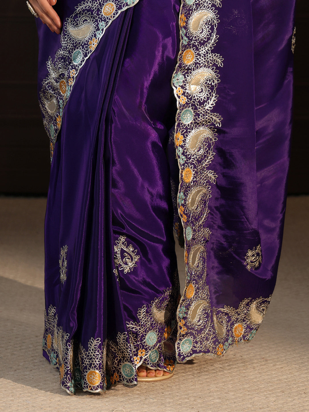 Libas Imperial Purple Embroidered Satin Saree with Paisley Border