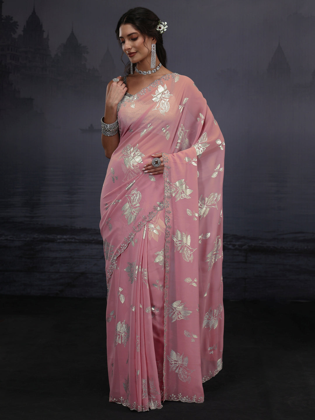 Libas Pink Floral Printed Georgette Saree with Embellished Border
