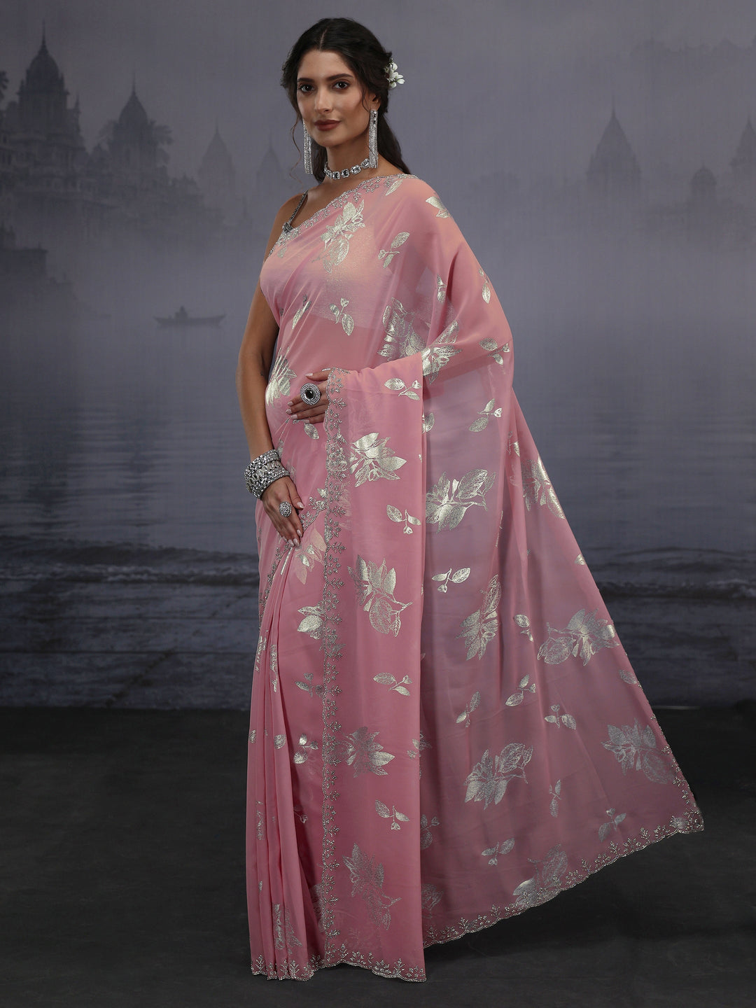 Libas Pink Floral Printed Georgette Saree with Embellished Border