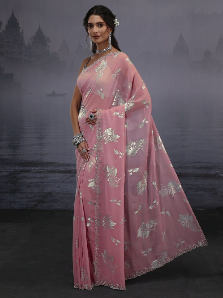 Libas Pink Floral Printed Georgette Saree with Embellished Border