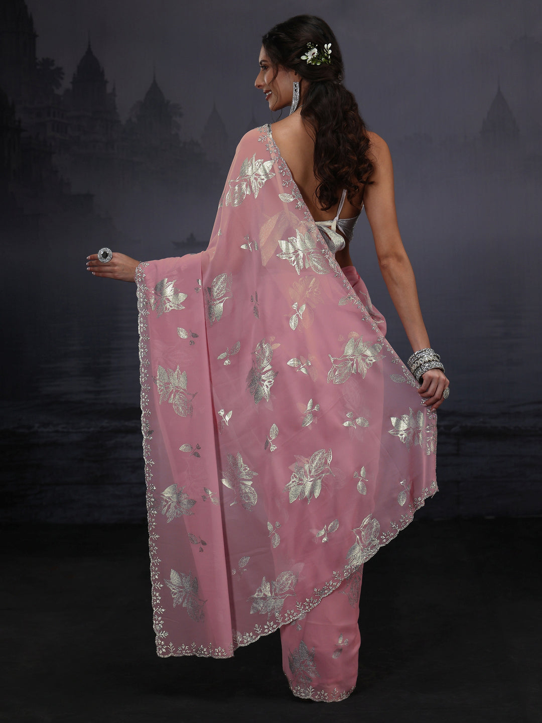 Libas Pink Floral Printed Georgette Saree with Embellished Border