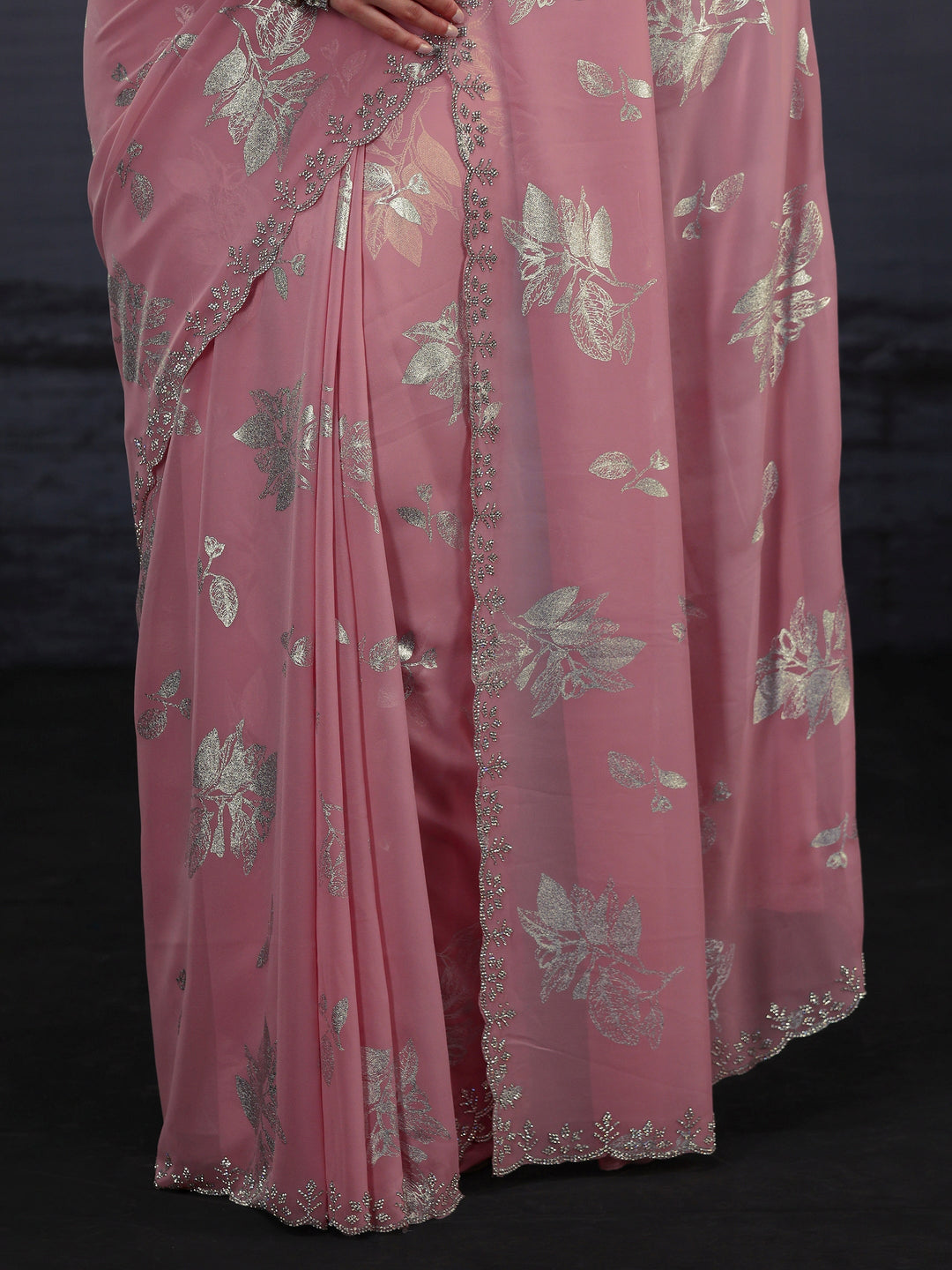 Libas Pink Floral Printed Georgette Saree with Embellished Border