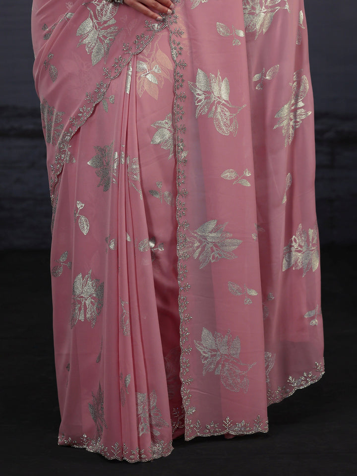 Libas Pink Floral Printed Georgette Saree with Embellished Border