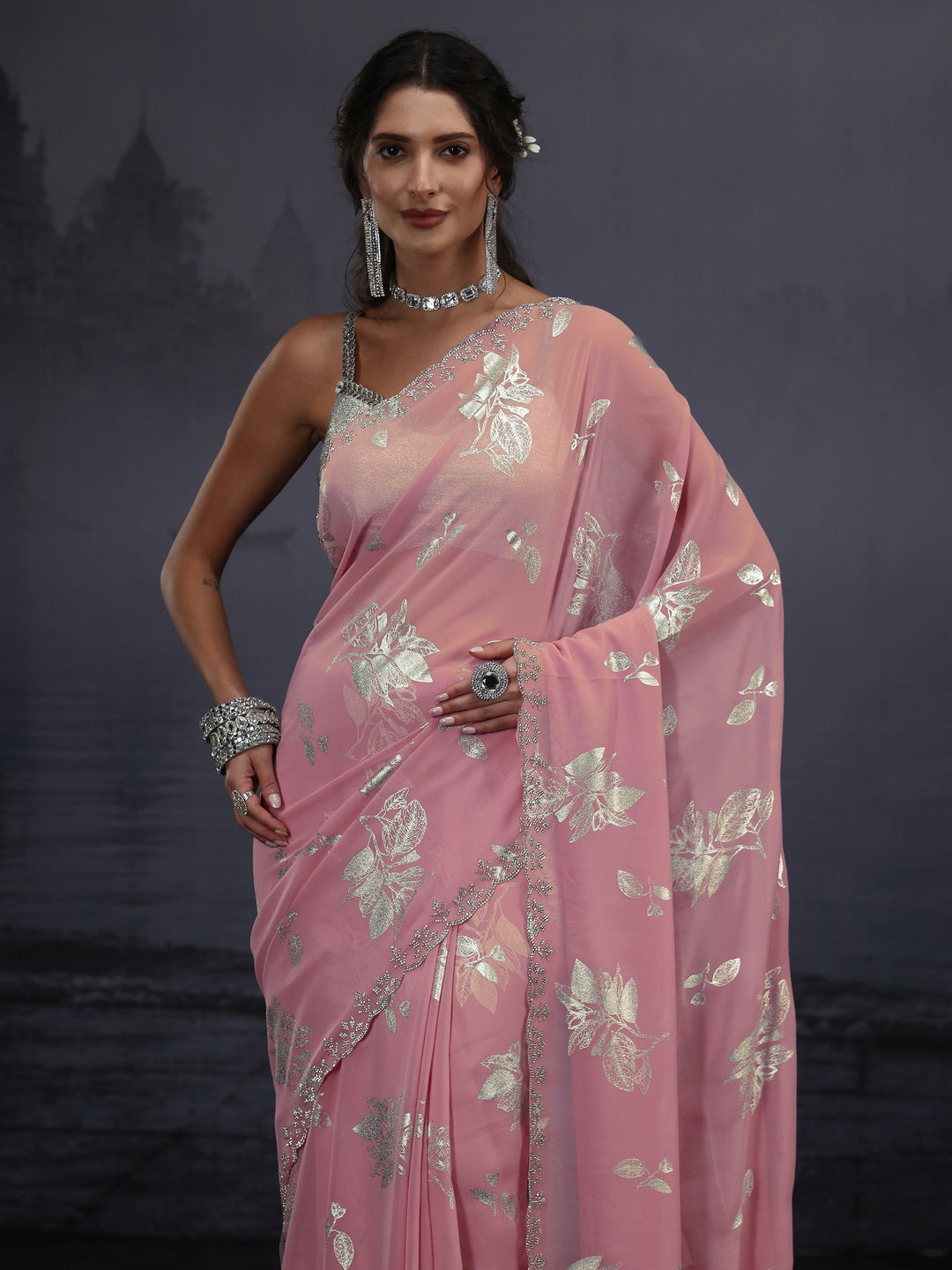 Libas Pink Floral Printed Georgette Saree with Embellished Border