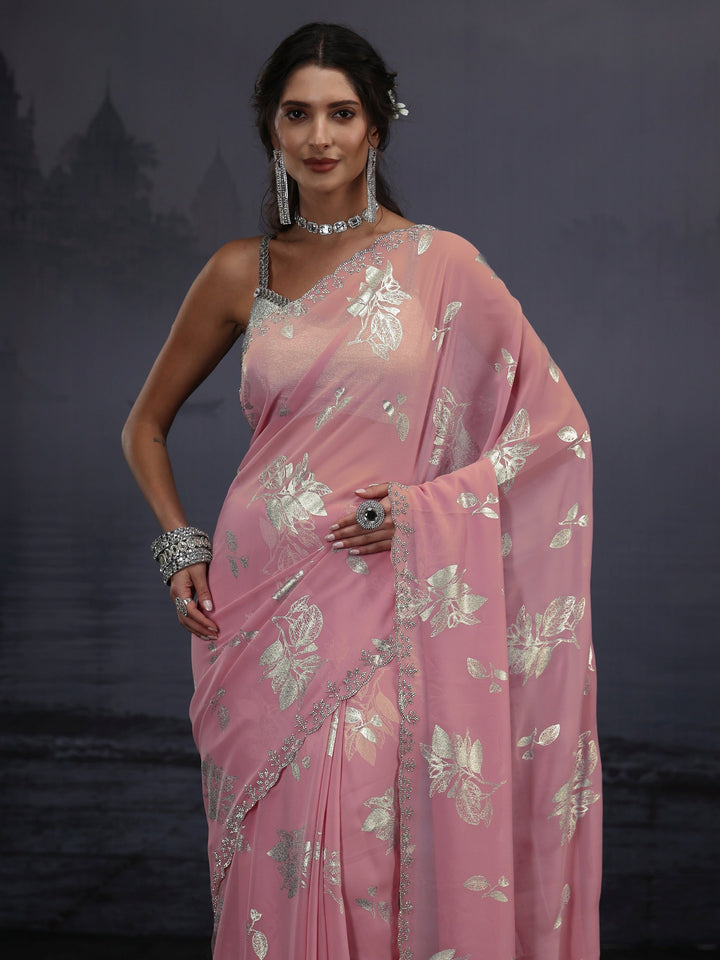 Libas Pink Floral Printed Georgette Saree with Embellished Border