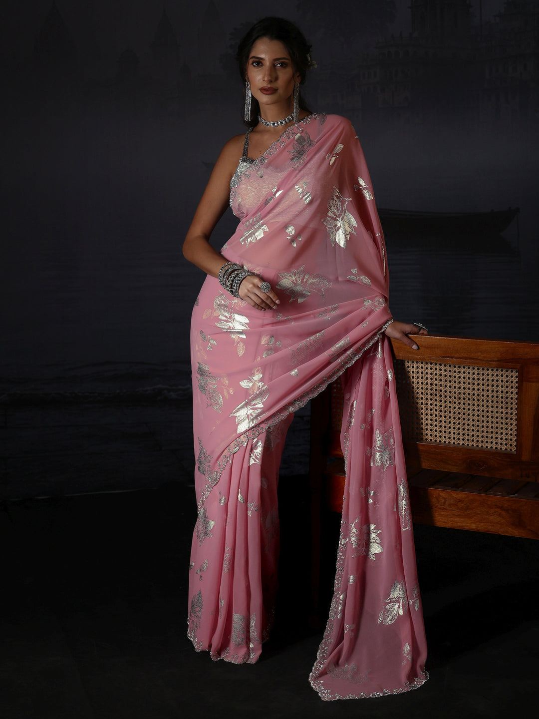 Libas Pink Floral Printed Georgette Saree with Embellished Border