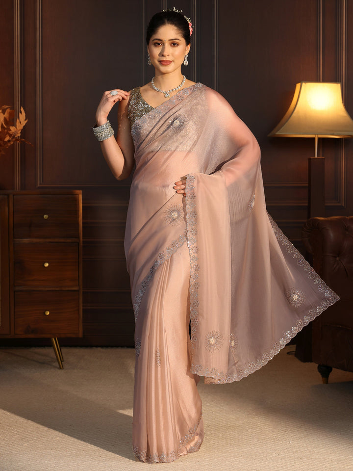 Libas Art Beige Floral Stone Work Embellished Tissue Saree