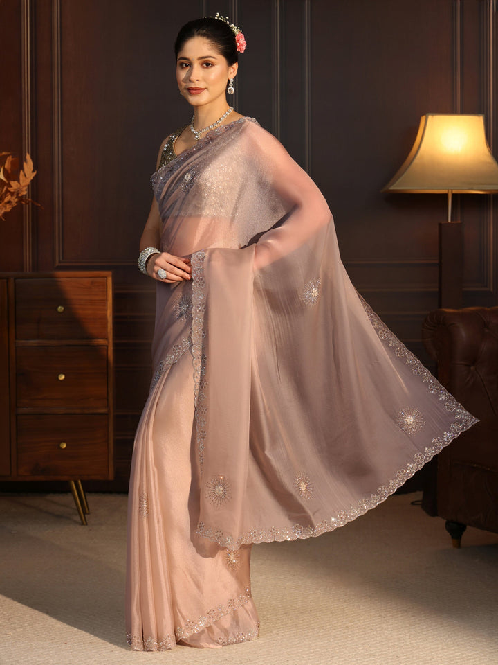 Libas Art Beige Floral Stone Work Embellished Tissue Saree
