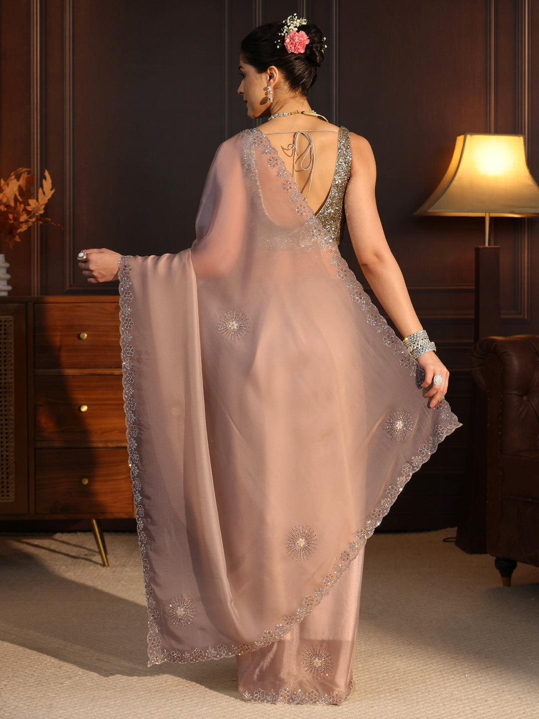 Libas Art Beige Floral Stone Work Embellished Tissue Saree
