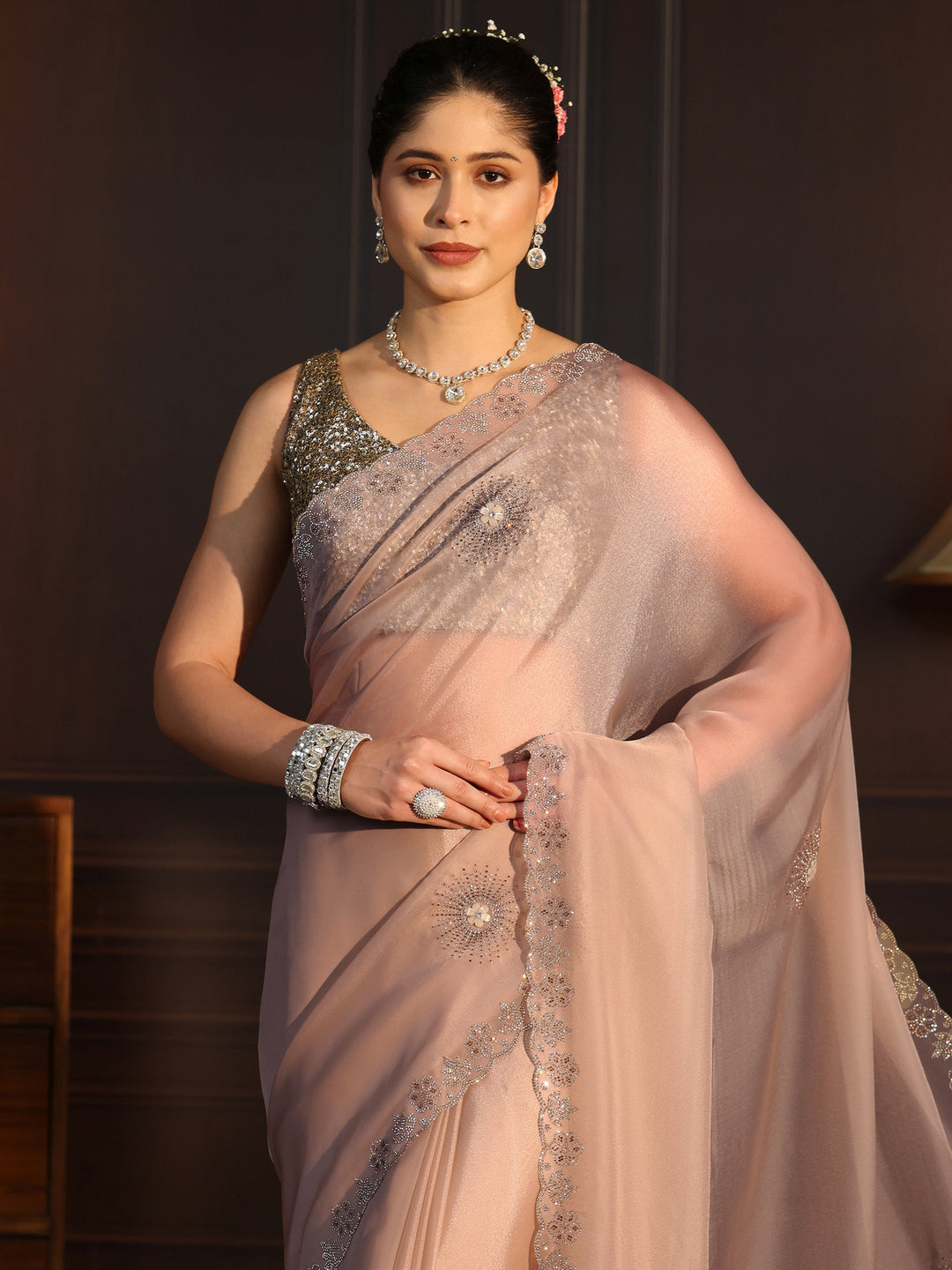 Libas Art Beige Floral Stone Work Embellished Tissue Saree