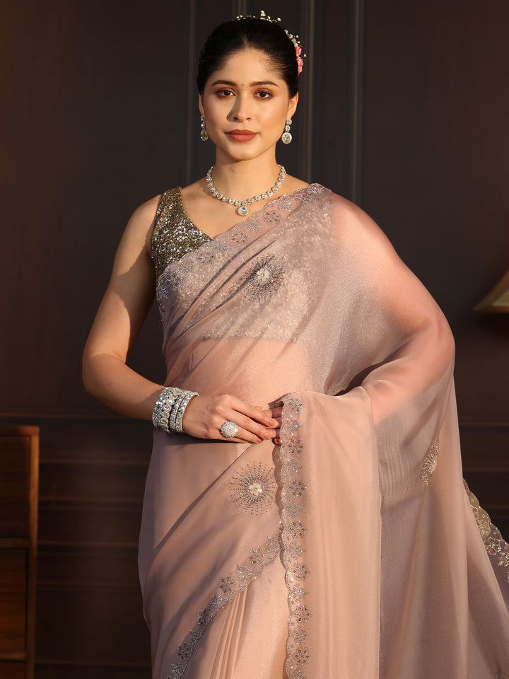 Libas Art Beige Floral Stone Work Embellished Tissue Saree
