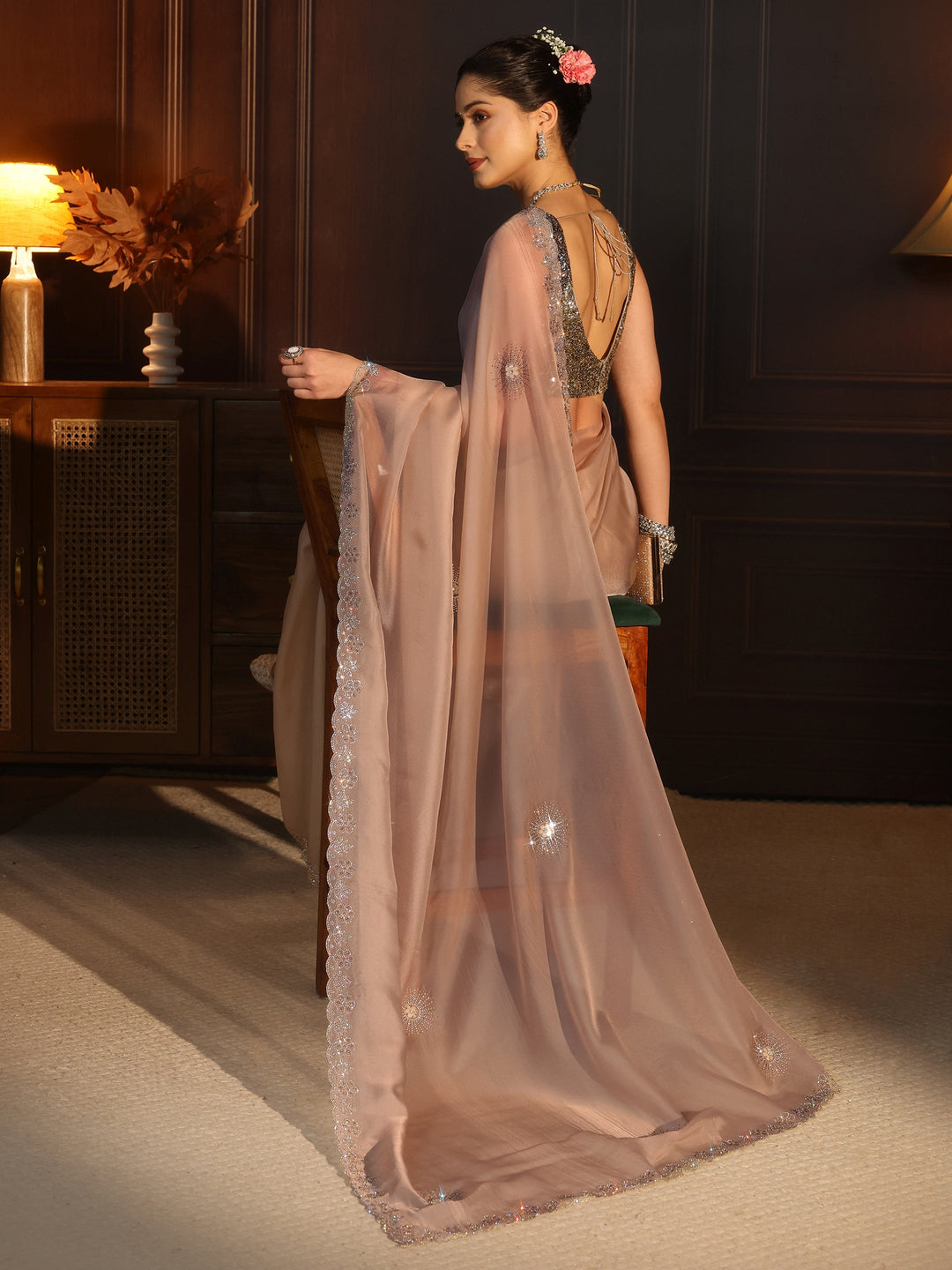 Libas Art Beige Floral Stone Work Embellished Tissue Saree