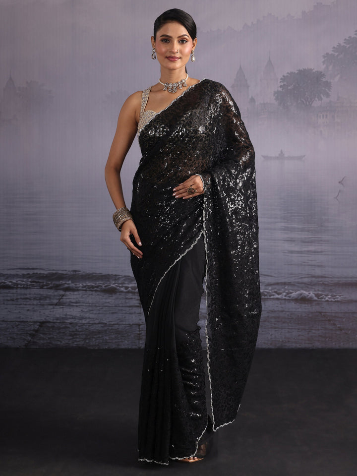 Libas Black Sequin Embellished Chiffon Saree with Scalloped Border