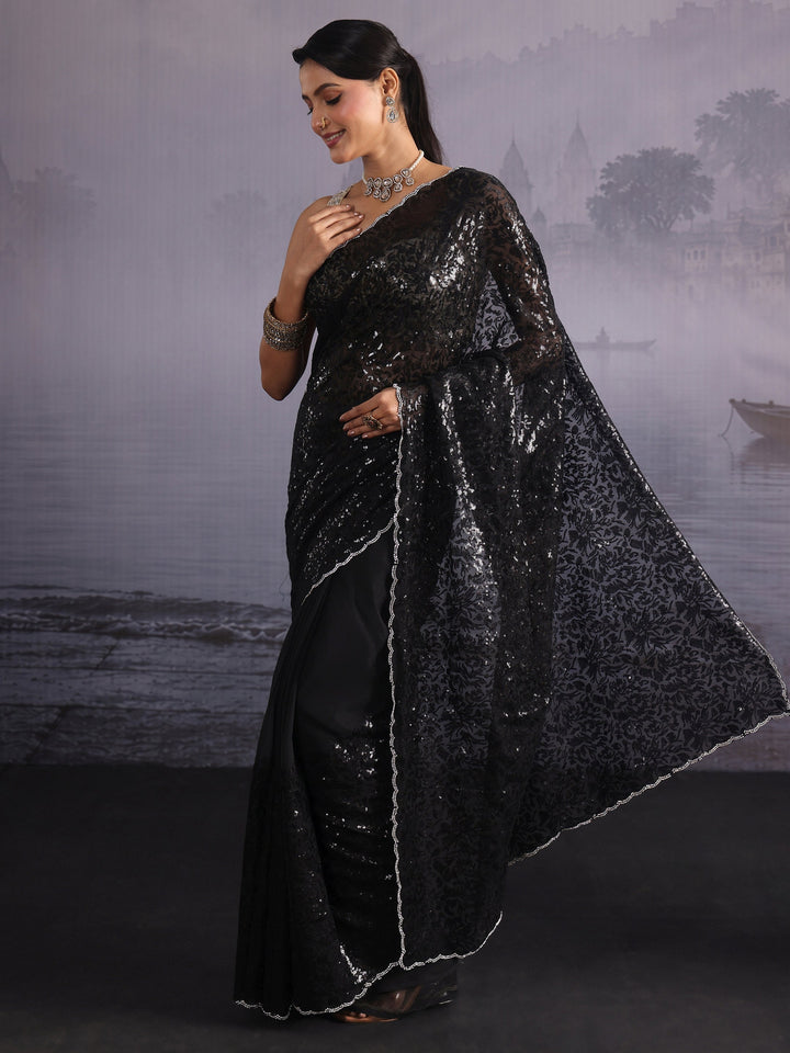 Libas Black Sequin Embellished Chiffon Saree with Scalloped Border