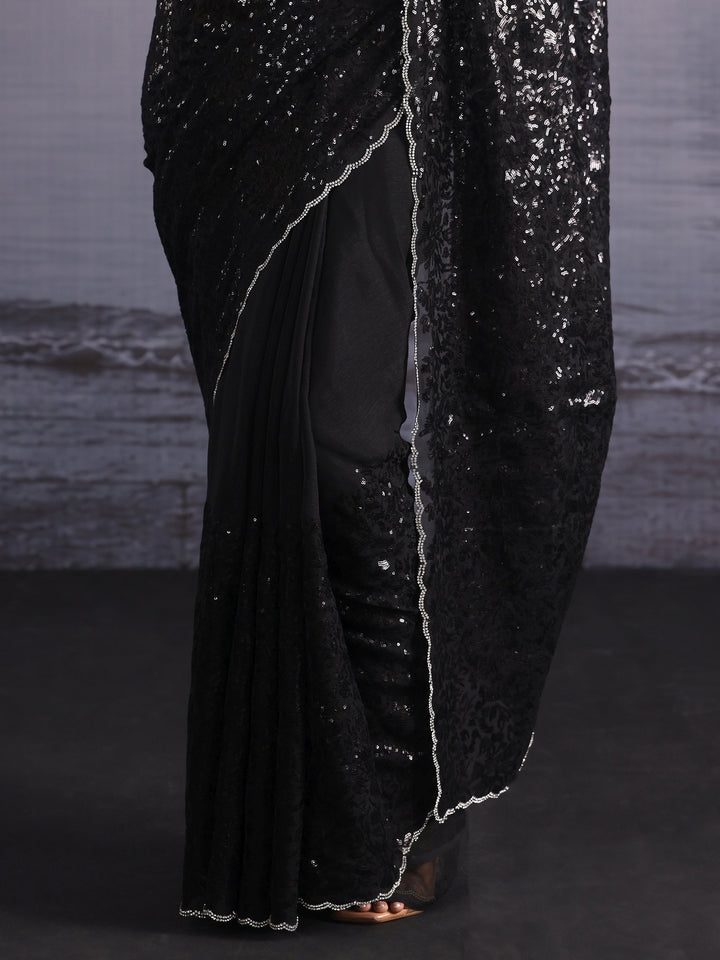 Libas Black Sequin Embellished Chiffon Saree with Scalloped Border