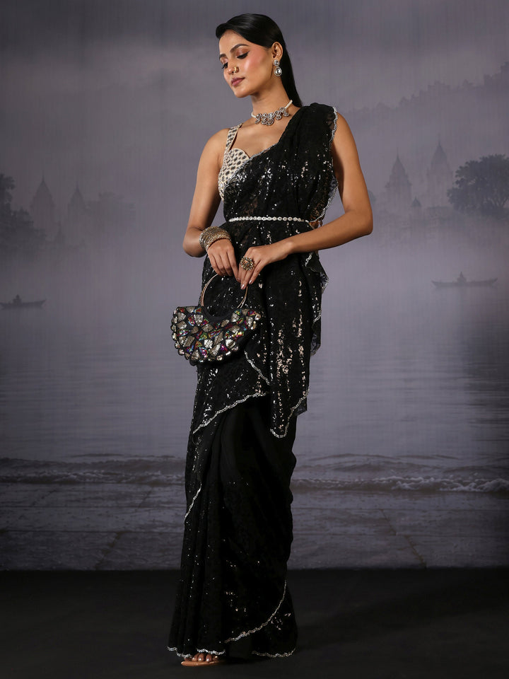 Libas Black Sequin Embellished Chiffon Saree with Scalloped Border