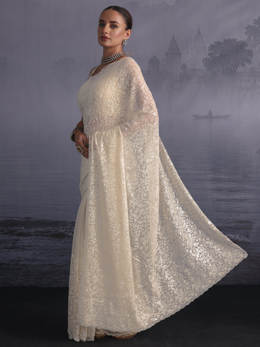 Libas Cream Sequin Embellished Chiffon Saree