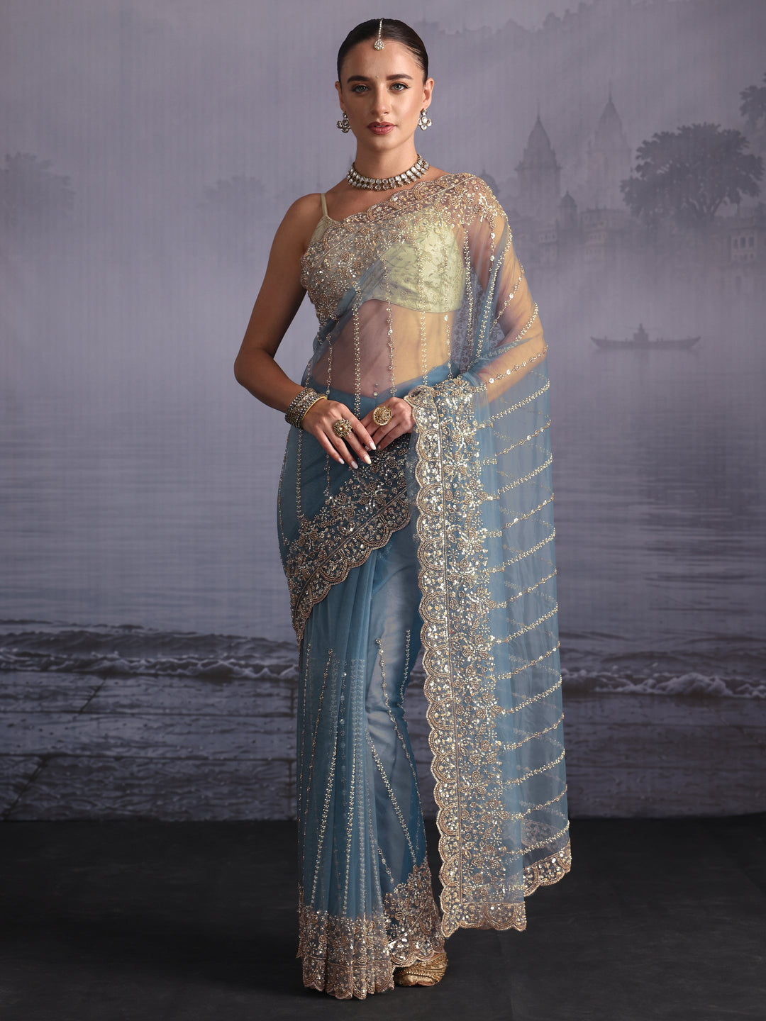 Libas Art Blue Embellished Net Saree with Scalloped Border