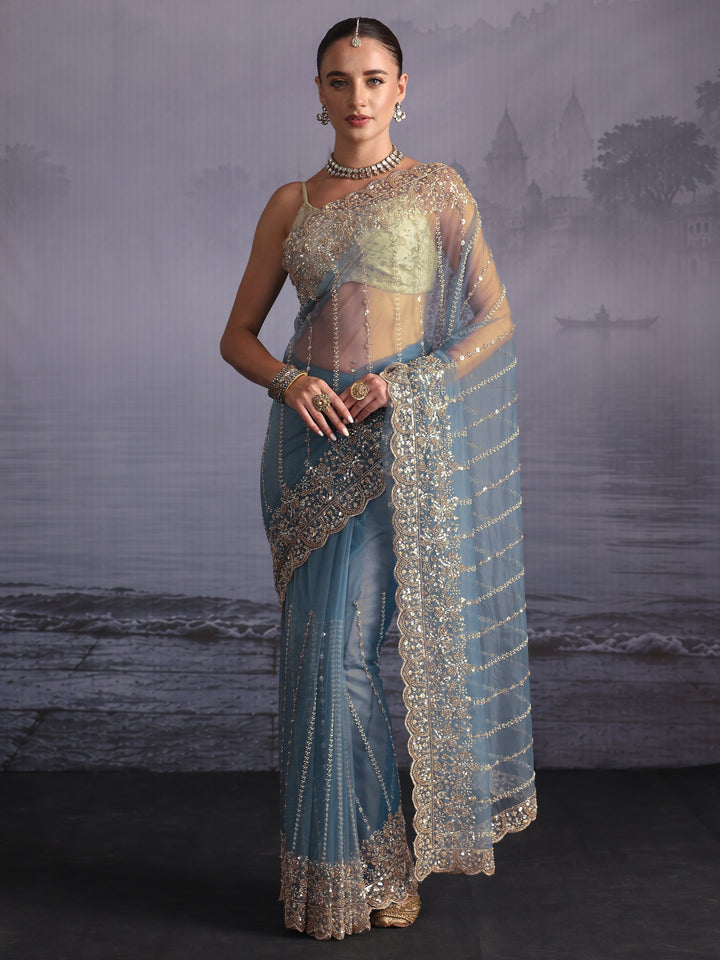 Libas Art Blue Embellished Net Saree with Scalloped Border