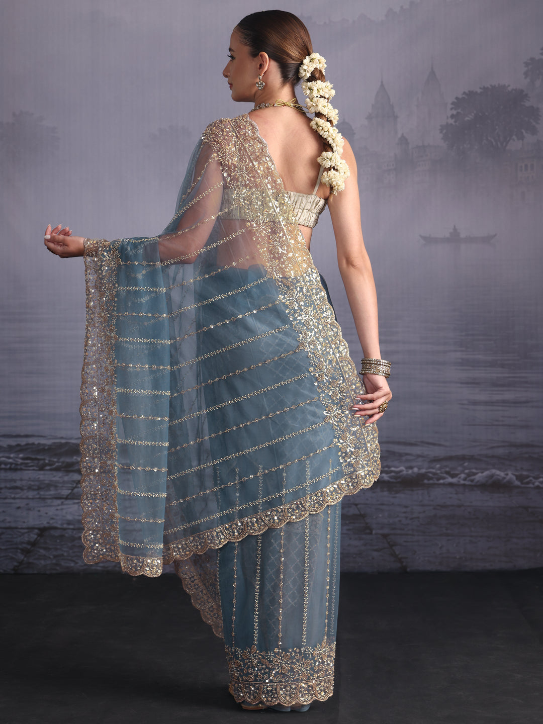 Libas Art Blue Embellished Net Saree with Scalloped Border