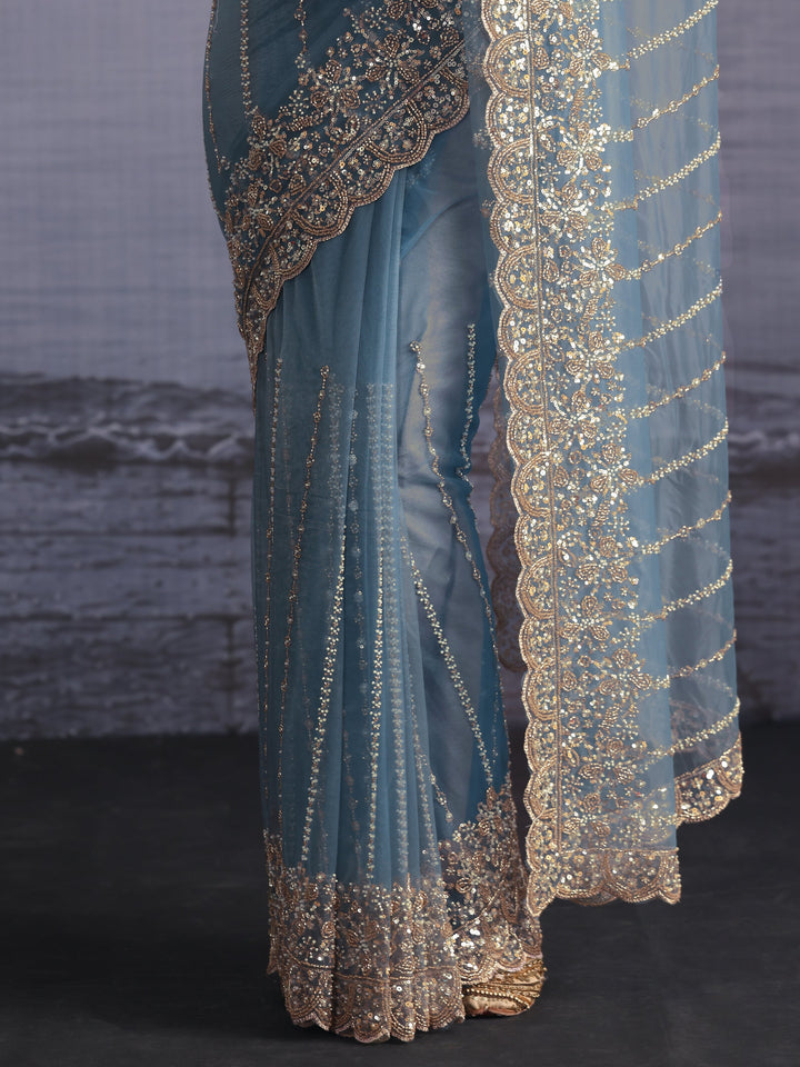 Libas Art Blue Embellished Net Saree with Scalloped Border