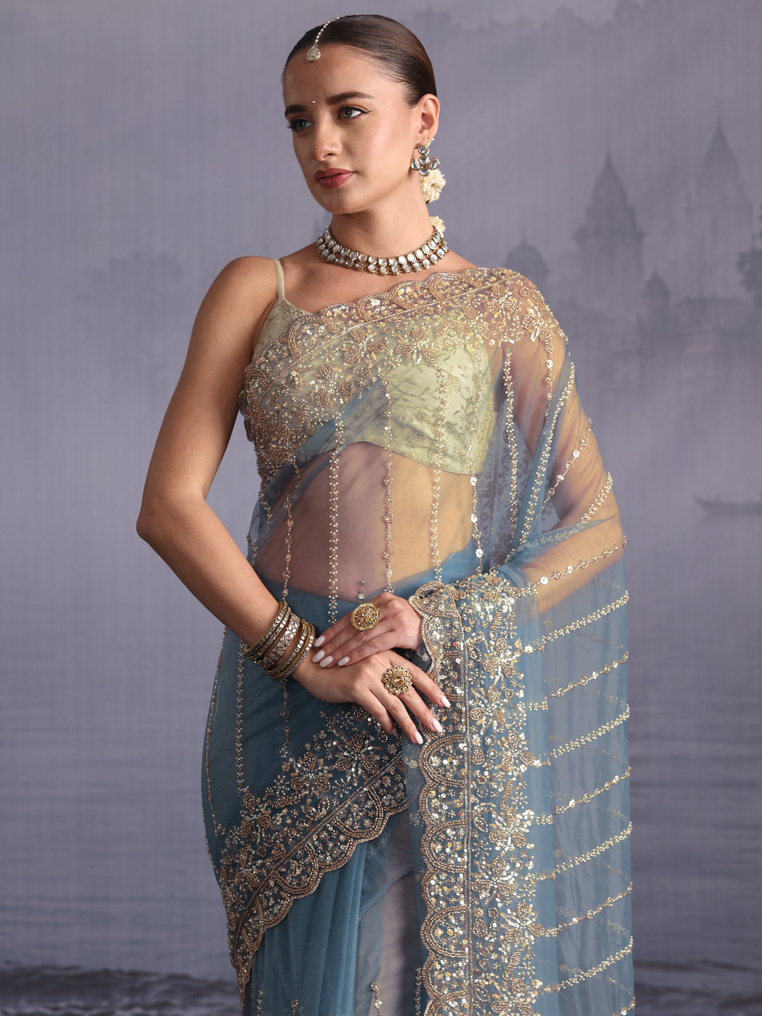 Libas Art Blue Embellished Net Saree with Scalloped Border