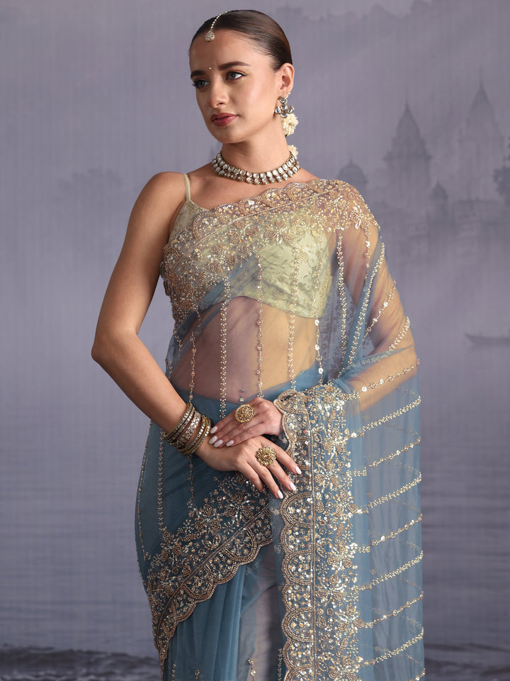 Libas Art Blue Embellished Net Saree with Scalloped Border