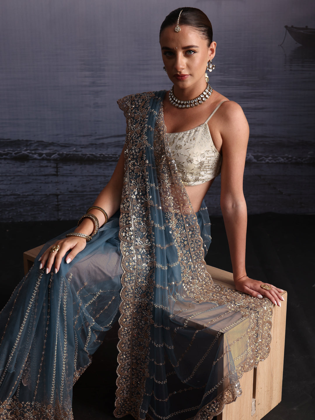 Libas Art Blue Embellished Net Saree with Scalloped Border