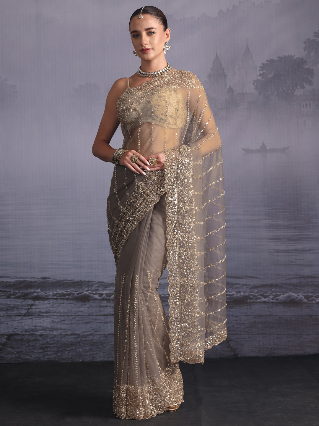 Libas Art Grey Embellished Net Saree with Scalloped Border