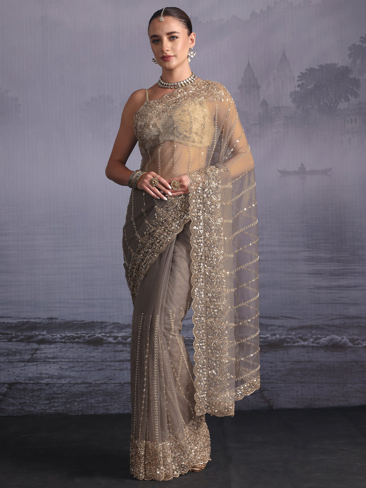 Libas Art Grey Embellished Net Saree with Scalloped Border