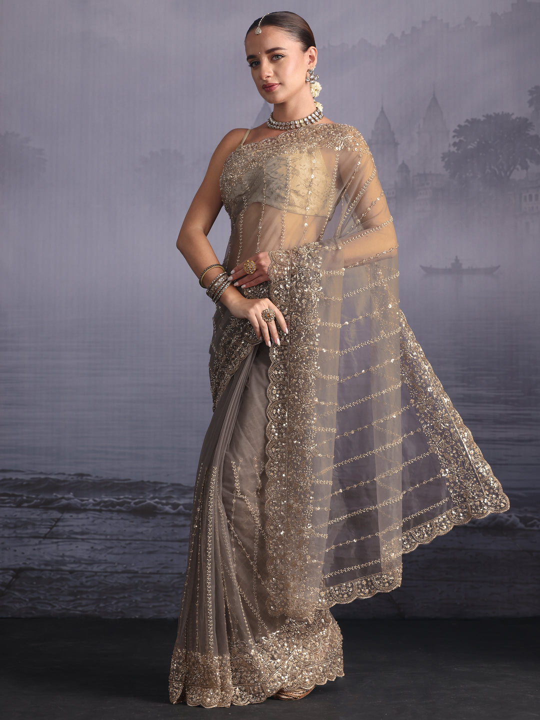 Libas Art Grey Embellished Net Saree with Scalloped Border