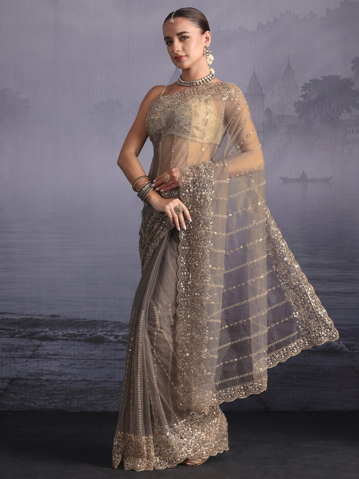Libas Art Grey Embellished Net Saree with Scalloped Border