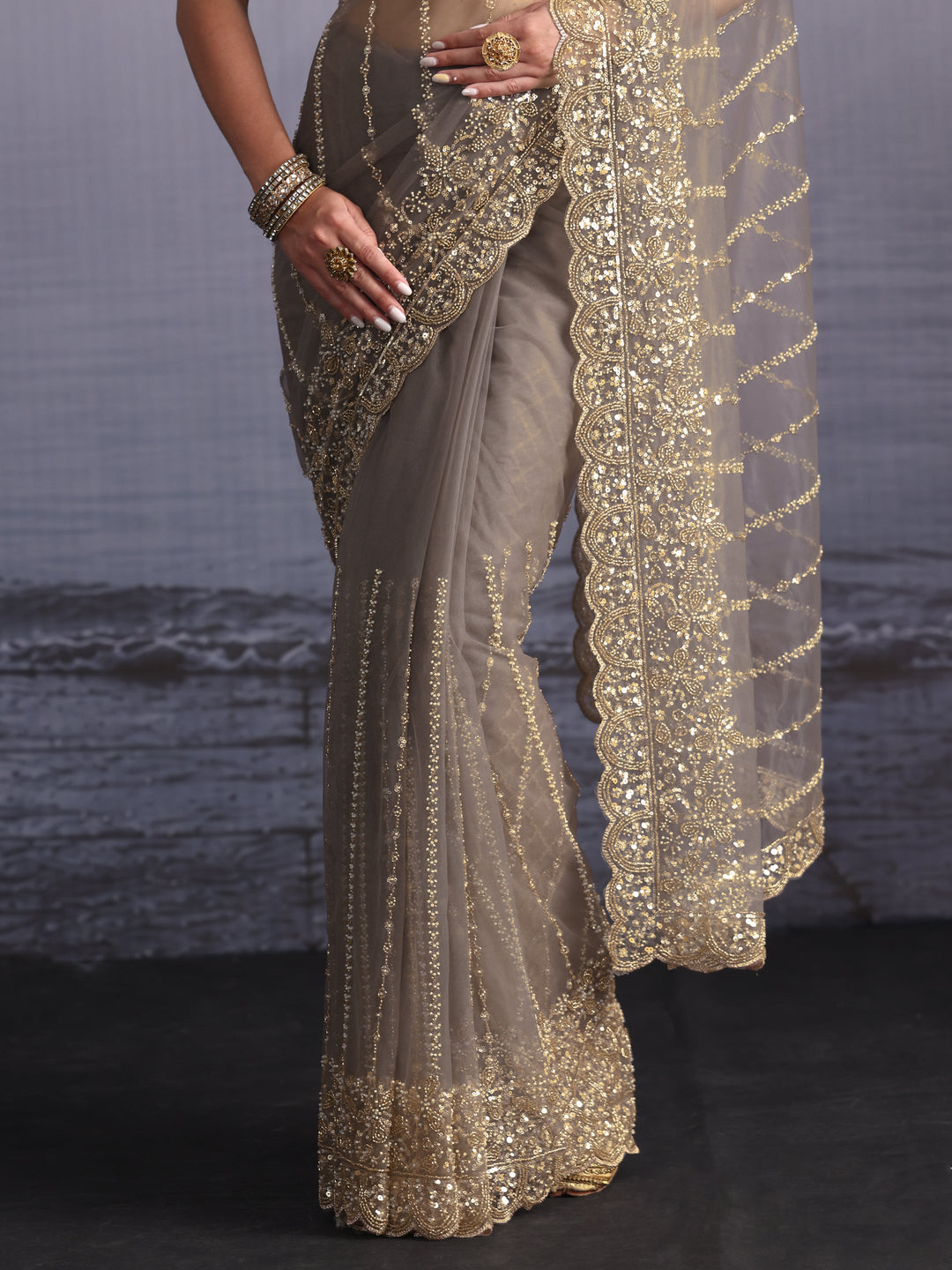 Libas Art Grey Embellished Net Saree with Scalloped Border