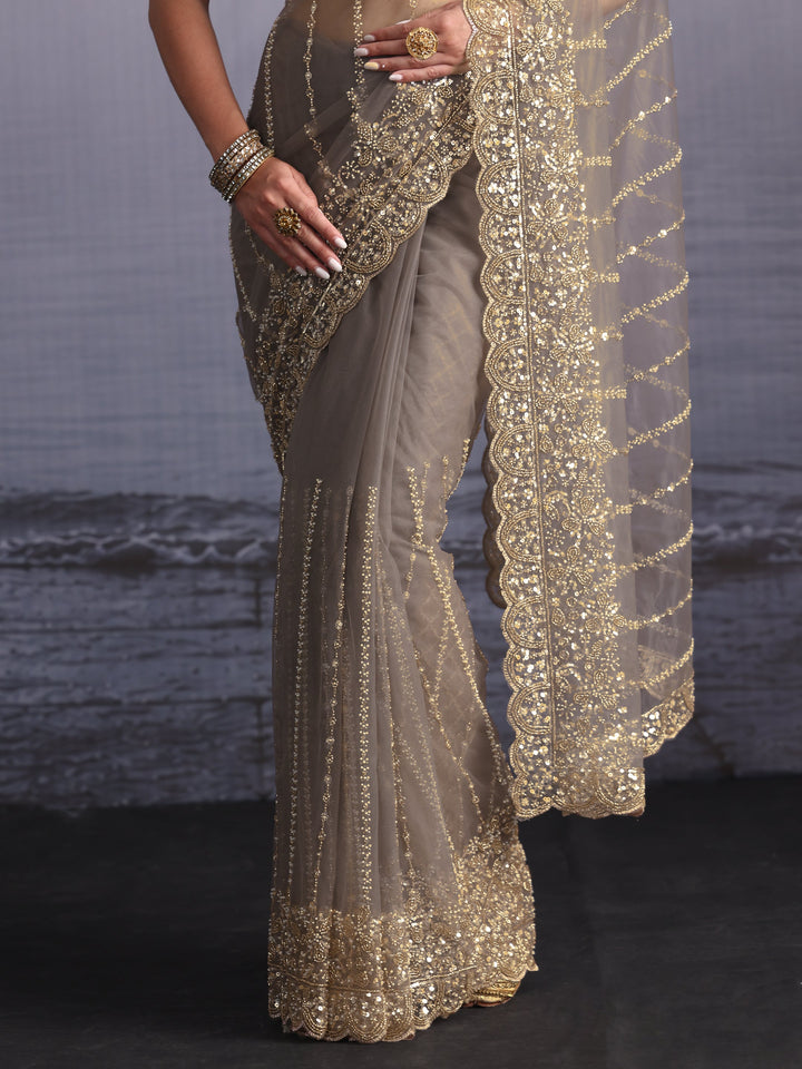 Libas Art Grey Embellished Net Saree with Scalloped Border