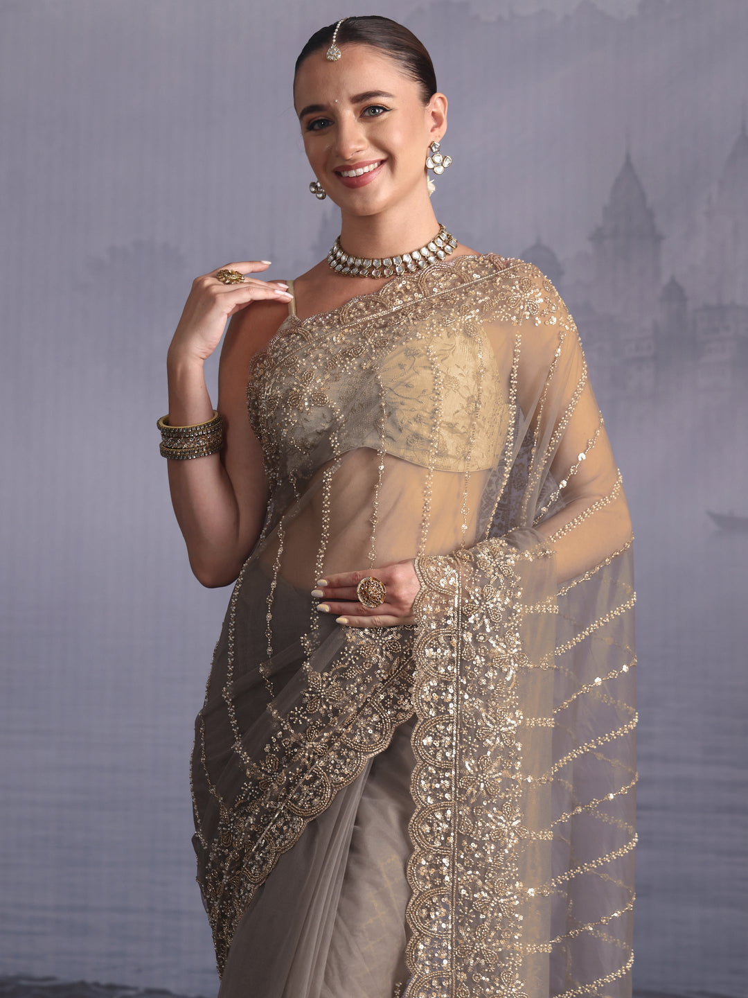 Libas Art Grey Embellished Net Saree with Scalloped Border