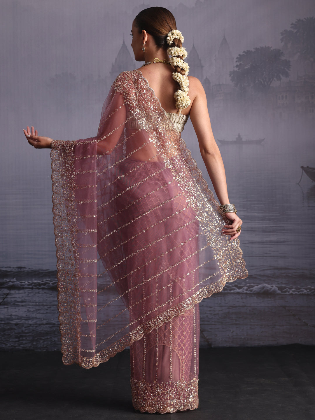 Libas Art Lavender Embellished Net Saree with Scalloped Border