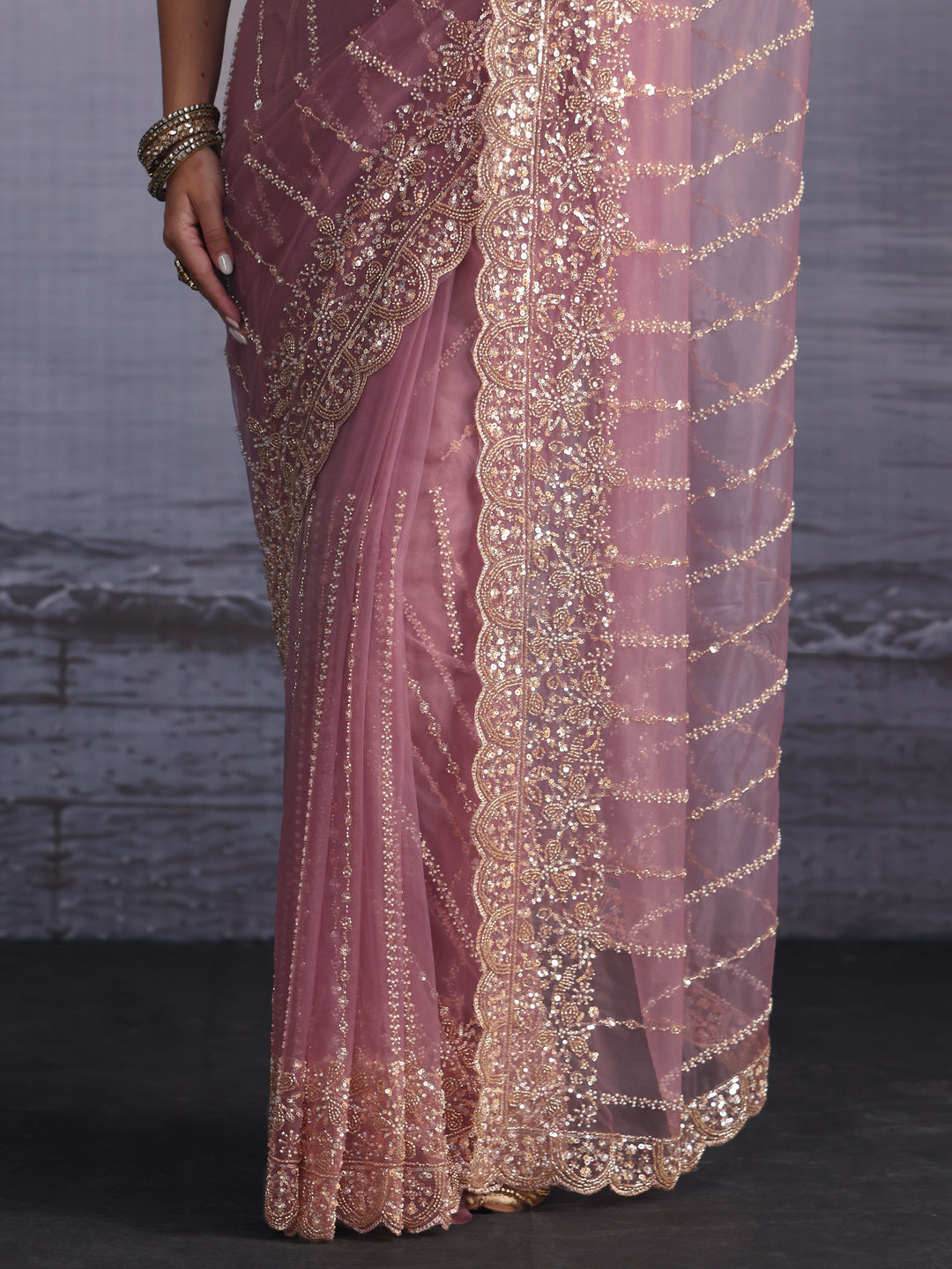 Libas Art Lavender Embellished Net Saree with Scalloped Border
