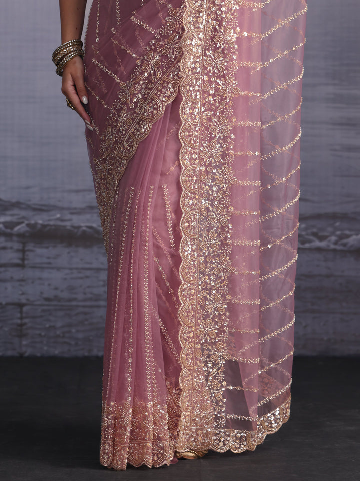 Libas Art Lavender Embellished Net Saree with Scalloped Border