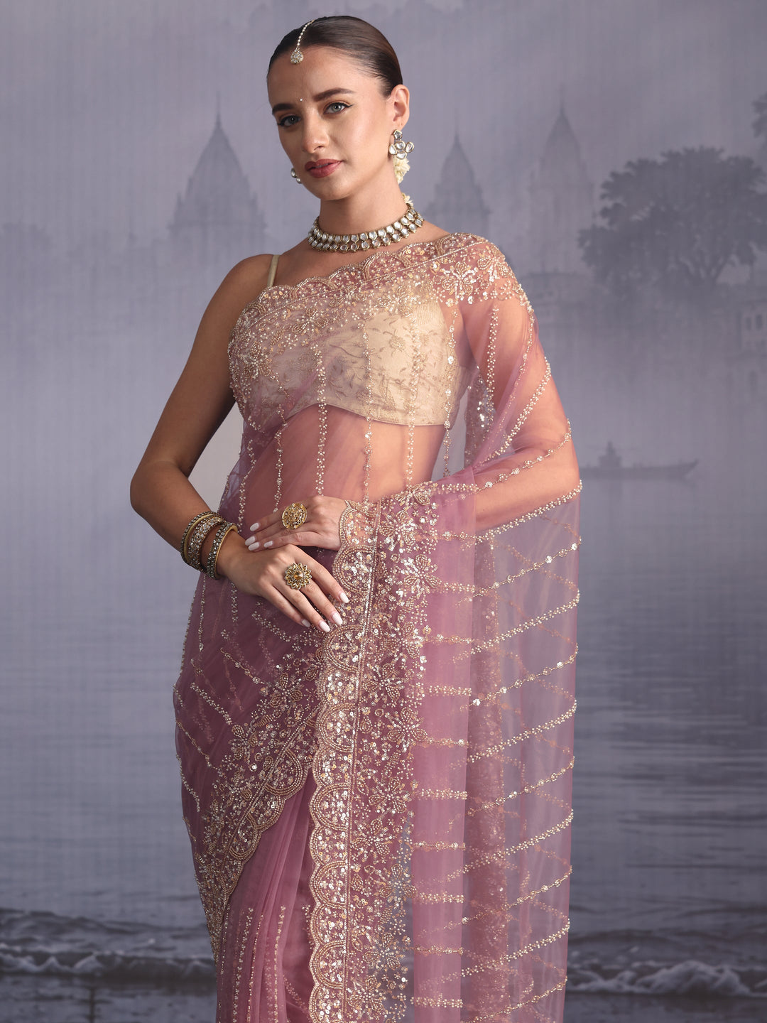 Libas Art Lavender Embellished Net Saree with Scalloped Border