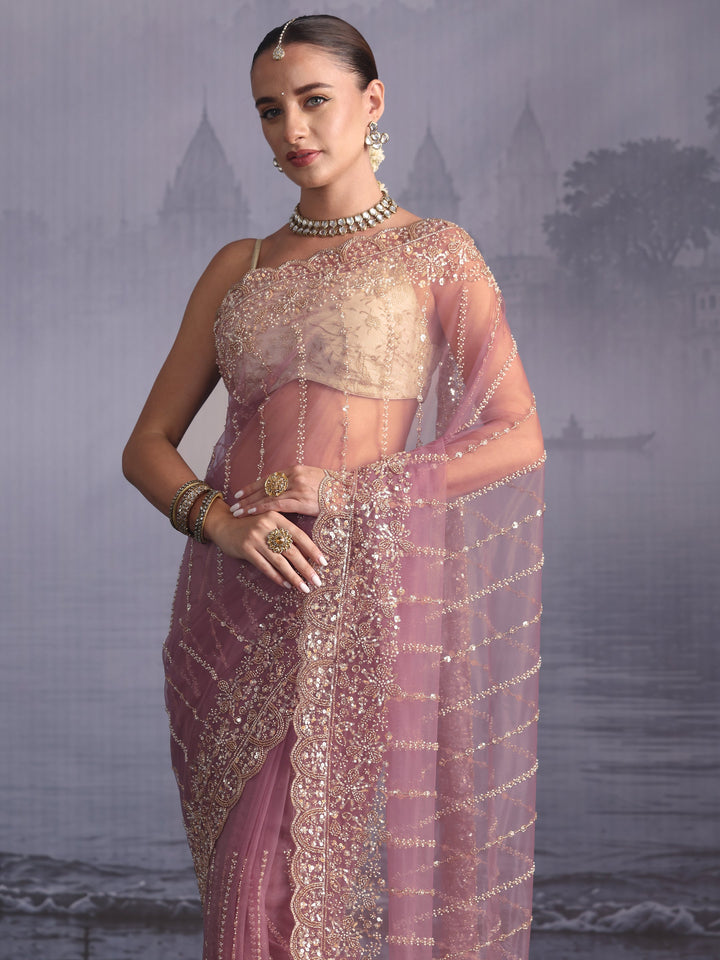 Libas Art Lavender Embellished Net Saree with Scalloped Border