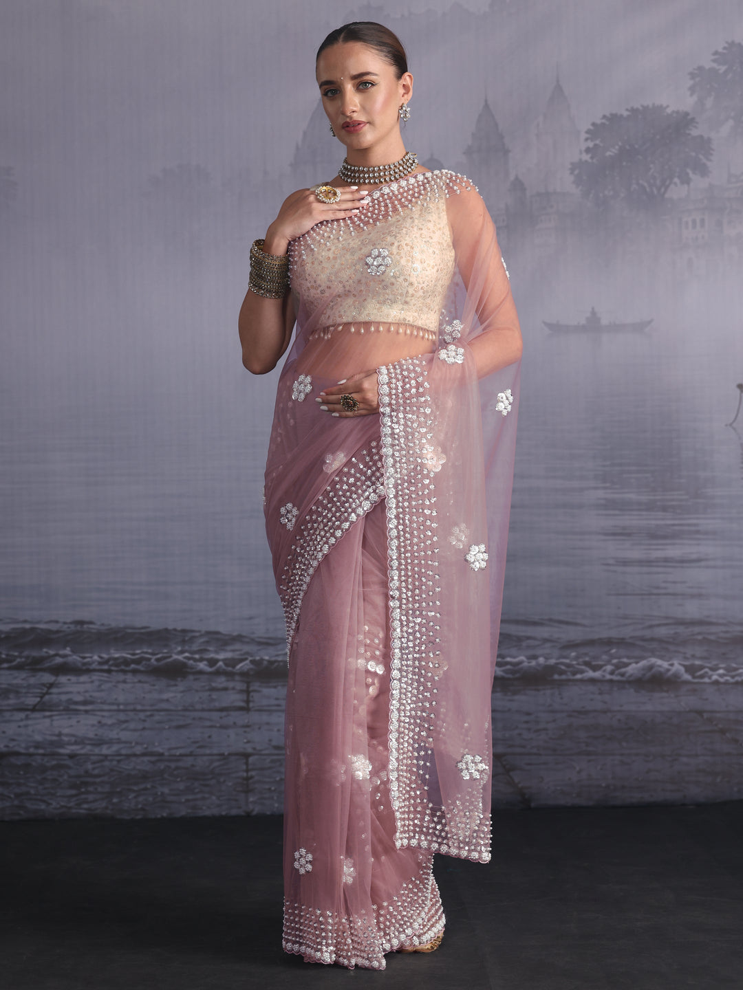 Libas Art Lavender Floral Sequin Embellished Net Saree