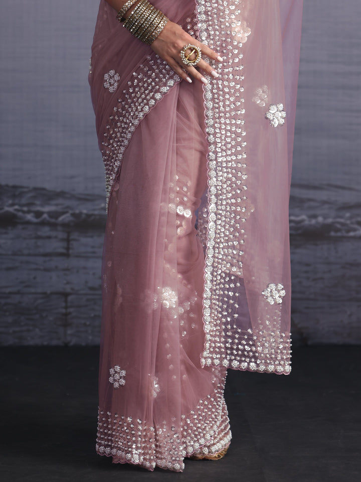 Libas Art Lavender Floral Sequin Embellished Net Saree