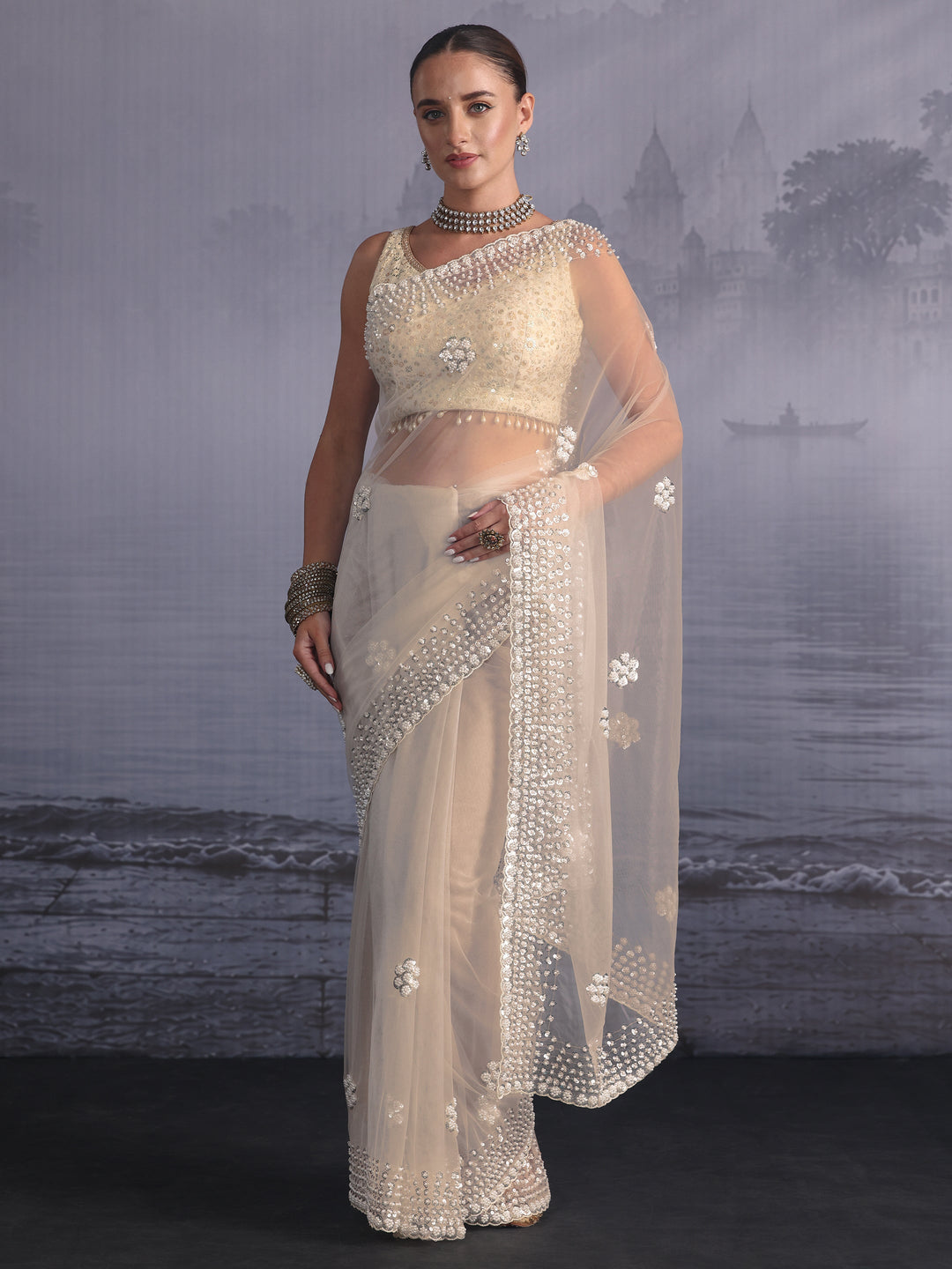 Libas Art Cream Floral Sequin Embellished Net Saree