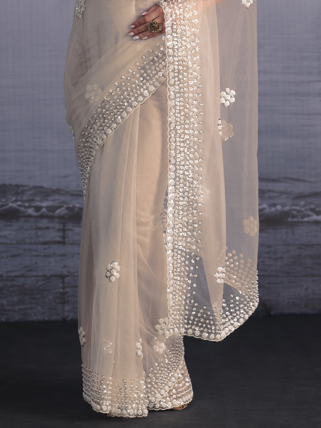 Libas Art Cream Floral Sequin Embellished Net Saree